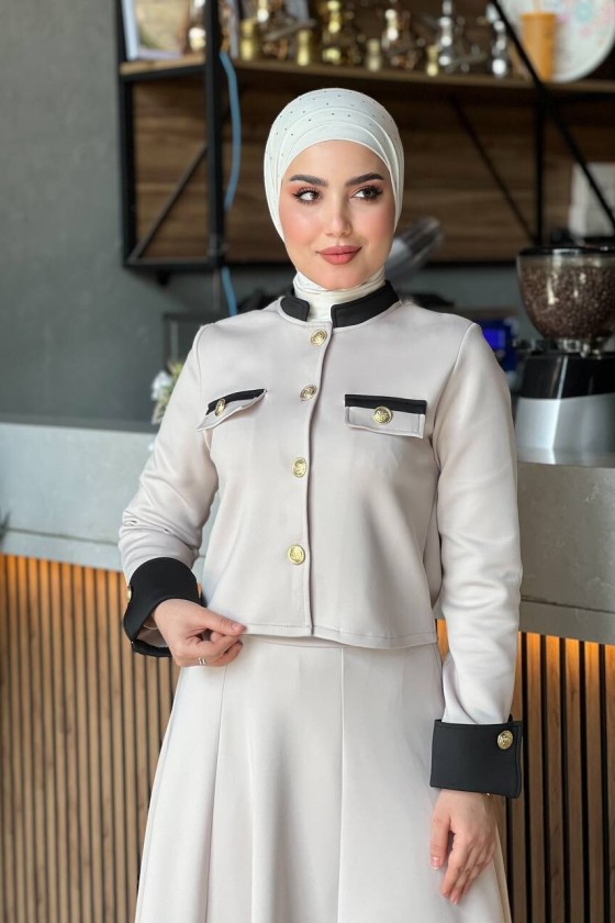 4515 - Scuba Kumaş İkili Tesettür Takım Bej E-6 4515 - Scuba Kumaş İkili Tesettür Takım Bej E-6