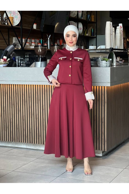 4515 - Scuba Kumaş İkili Tesettür Takım Bordo E-6