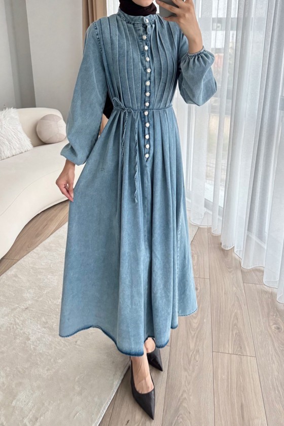 4088 - Kot Tesettür Elbise Mavi̇ E-1