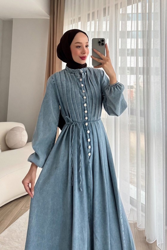 4088 - Kot Tesettür Elbise Mavi̇ E-1