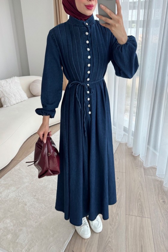 4088 - Kot Tesettür Elbise Laci̇vert E-1