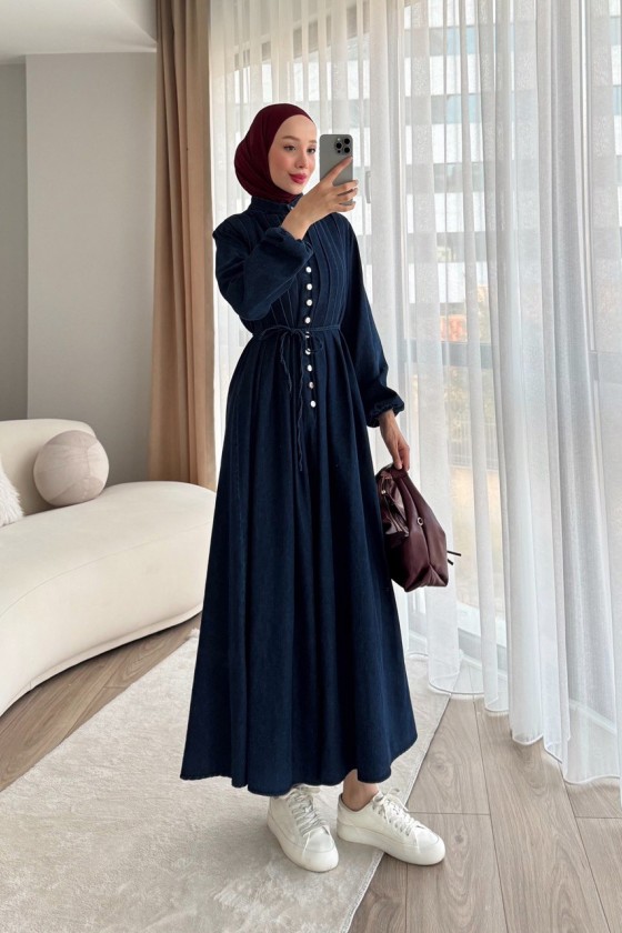 4088 - Kot Tesettür Elbise Laci̇vert E-1