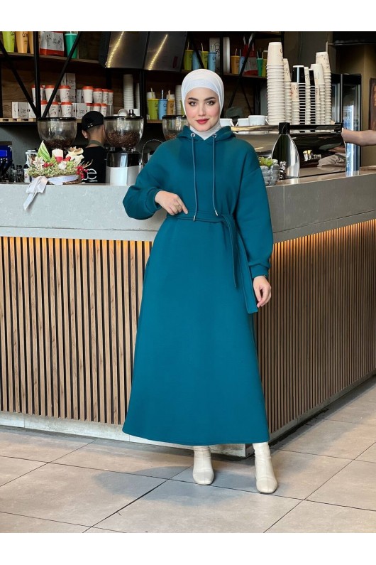 44108 - Üç İplik Tesettür Elbise Petrol Yeşili ı-3