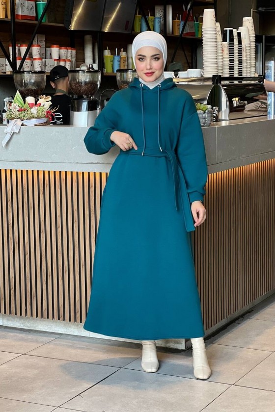 44108 - Üç İplik Tesettür Elbise Petrol Yeşili ı-3