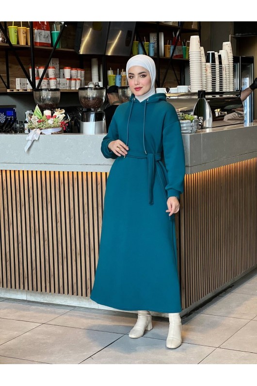 44108 - Üç İplik Tesettür Elbise Petrol Yeşili ı-3