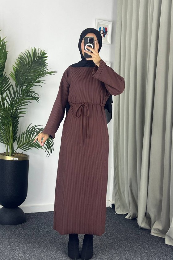 61512 - Örme Triko Tesettür Elbise Kahverengi̇ G-3