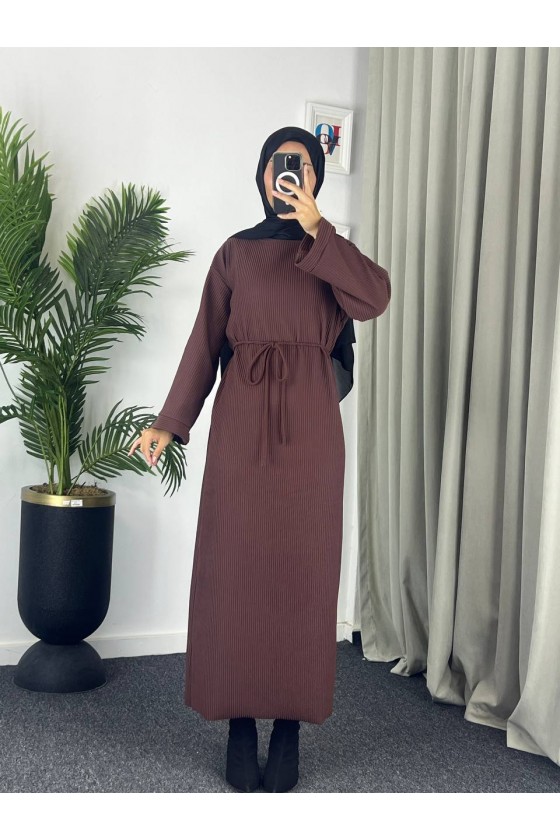 61512 - Örme Triko Tesettür Elbise Kahverengi̇ G-3