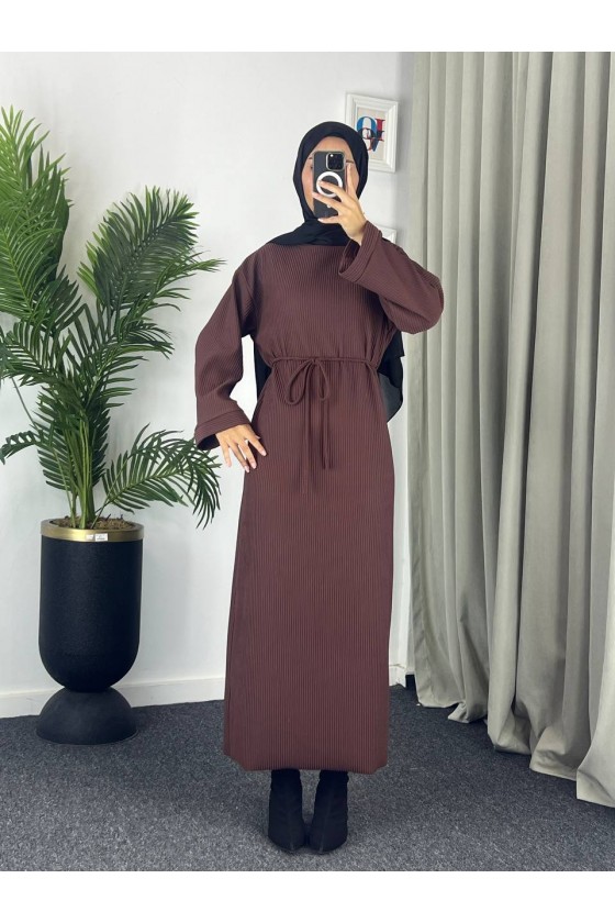 61512 - Örme Triko Tesettür Elbise Kahverengi̇ G-3