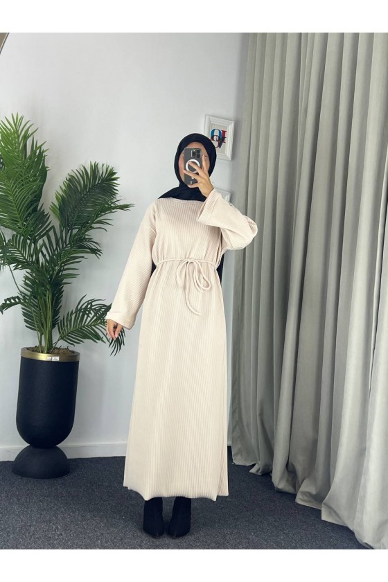 61512 - Örme Triko Tesettür Elbise Bej G-3