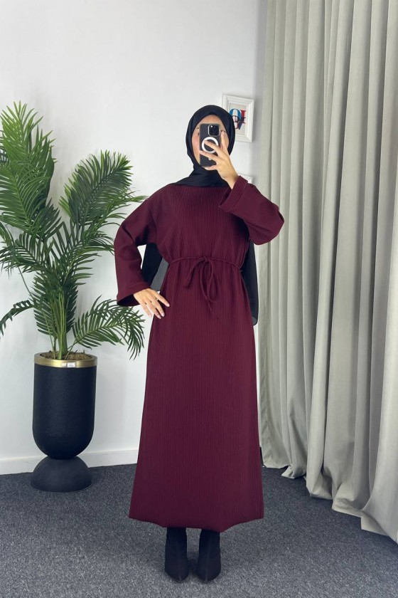 61512 - Örme Triko Tesettür Elbise Bordo G-3