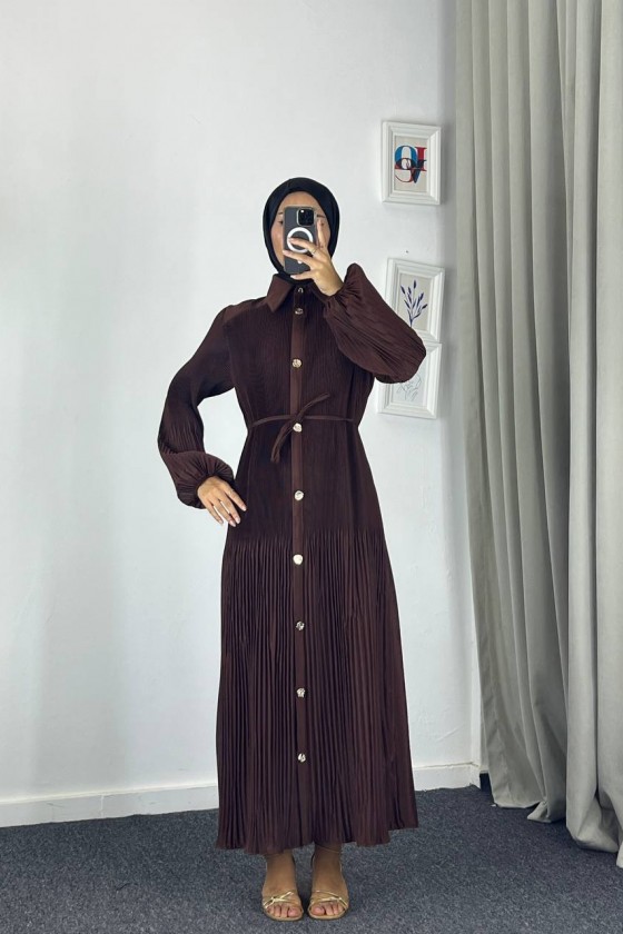61555 - Paraşüt Kumaş Tesettür Elbise Kahverengi̇ G-4