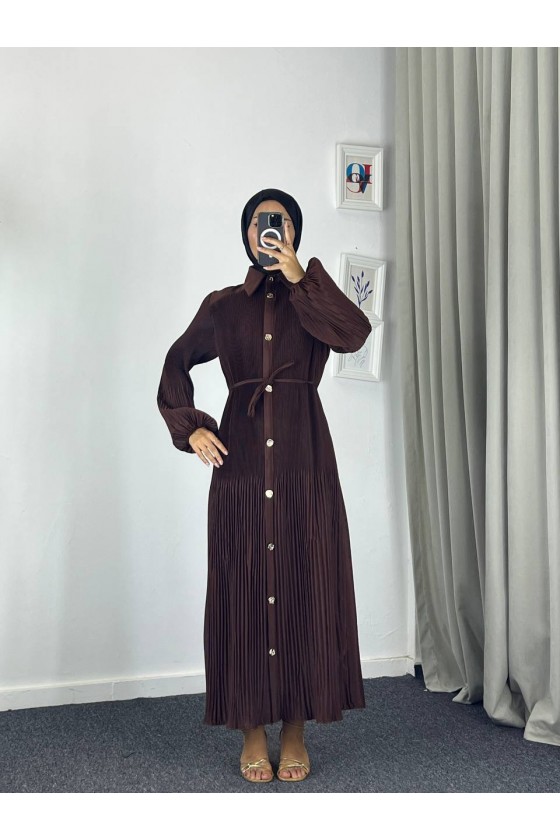 61555 - Paraşüt Kumaş Tesettür Elbise Kahverengi̇ G-4