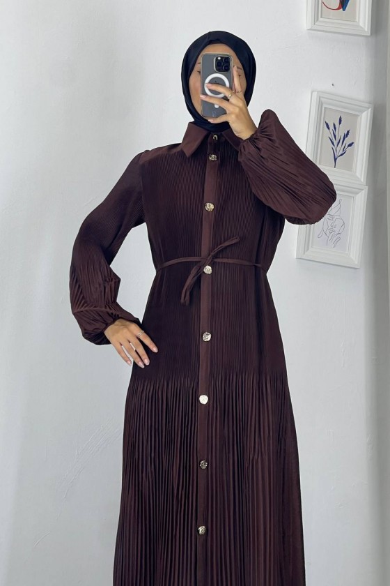 61555 - Paraşüt Kumaş Tesettür Elbise Kahverengi̇ G-4