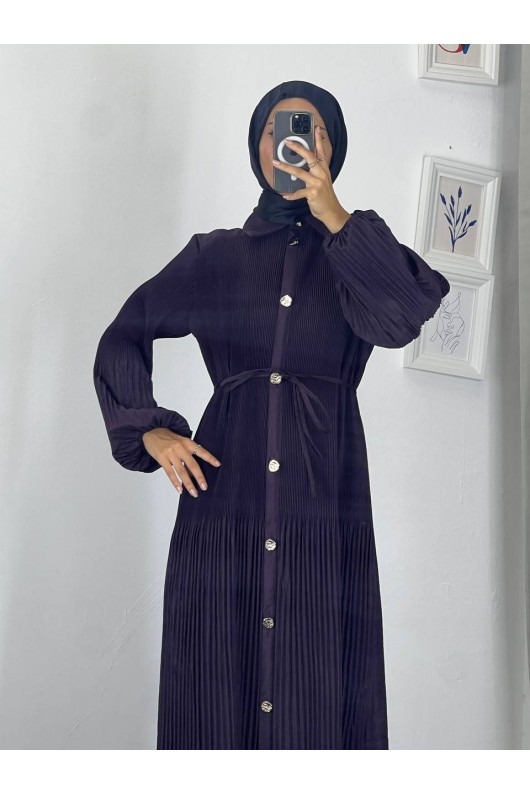 61555 - Paraşüt Kumaş Tesettür Elbise Mor G-4