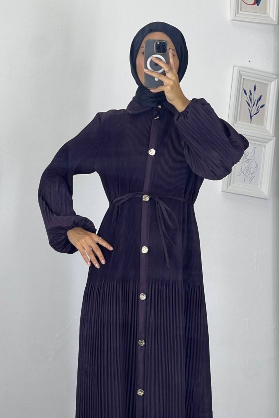 61555 - Paraşüt Kumaş Tesettür Elbise Mor G-4