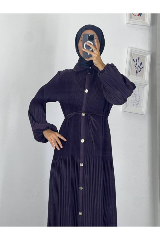 61555 - Paraşüt Kumaş Tesettür Elbise Mor G-4