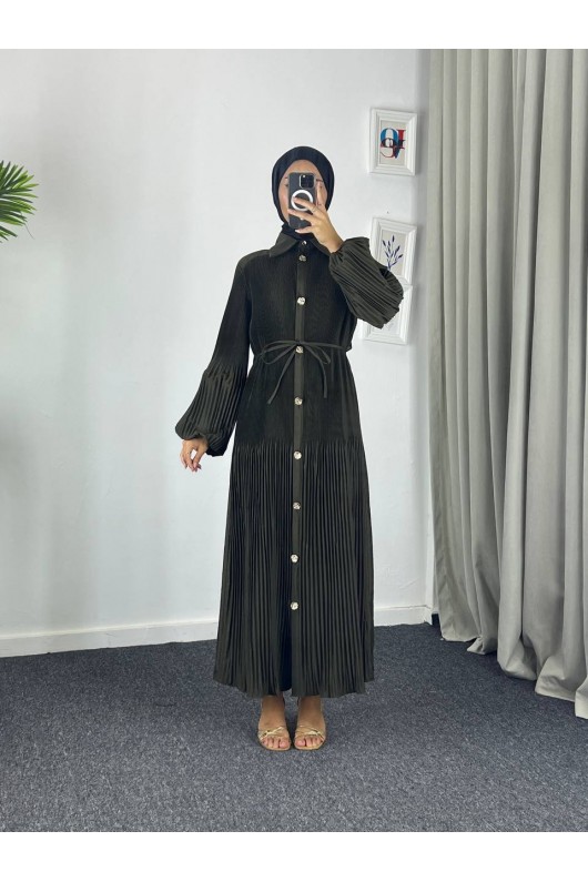 61555 - Paraşüt Kumaş Tesettür Elbise Zümrüt Yeşili-G-4