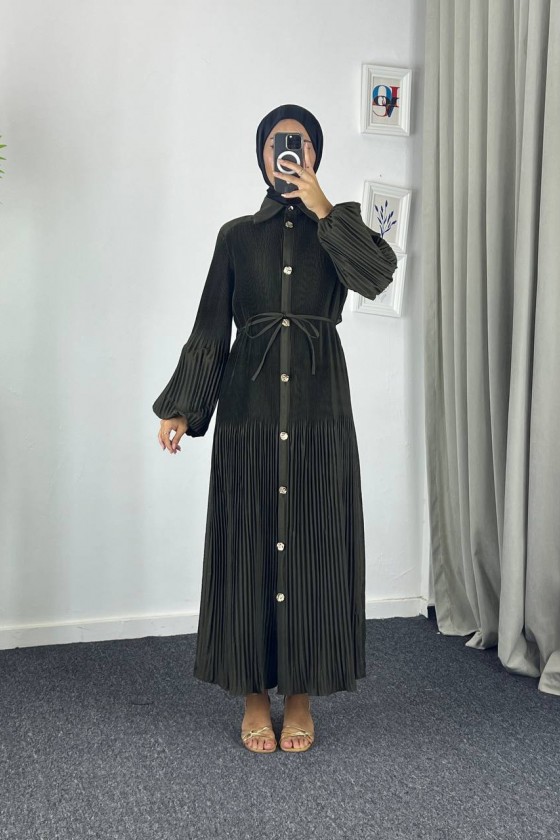 61555 - Paraşüt Kumaş Tesettür Elbise Zümrüt Yeşili-G-4