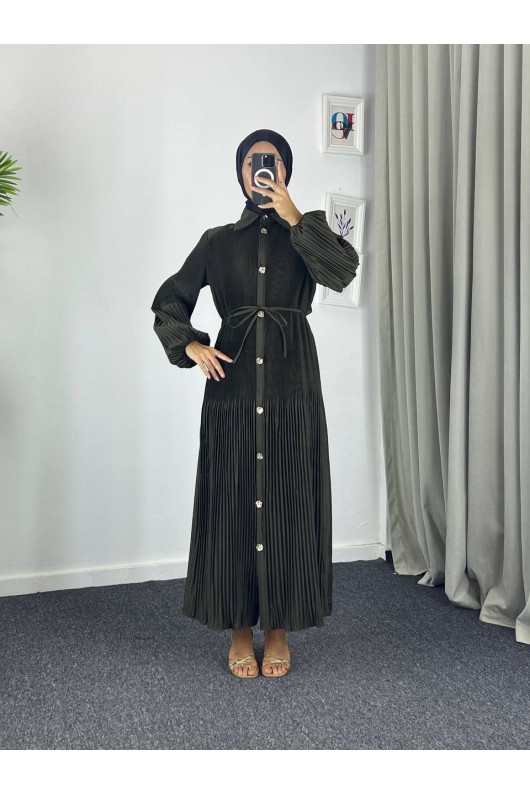 61555 - Paraşüt Kumaş Tesettür Elbise Zümrüt Yeşili-G-4