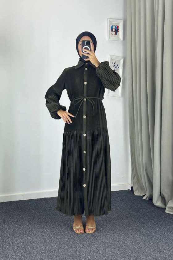 61555 - Paraşüt Kumaş Tesettür Elbise Zümrüt Yeşili-G-4