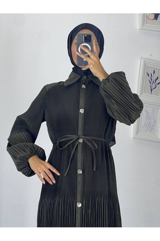 61555 - Paraşüt Kumaş Tesettür Elbise Zümrüt Yeşili-G-4