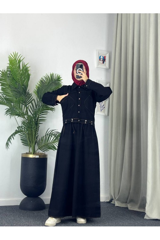 909 - Kot Kumaş Tesettür Takım Si̇yah A8