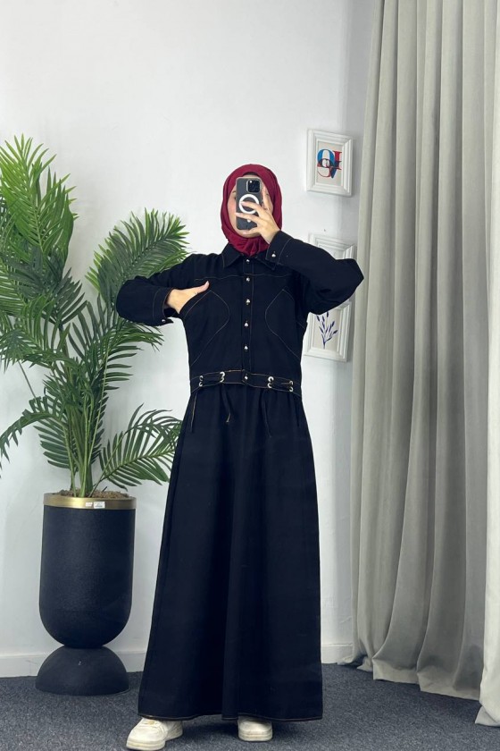 909 - Kot Kumaş Tesettür Takım Si̇yah A8