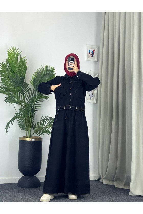 909 - Kot Kumaş Tesettür Takım Si̇yah A8