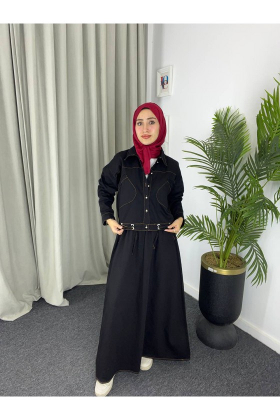 909 - Kot Kumaş Tesettür Takım Si̇yah A8