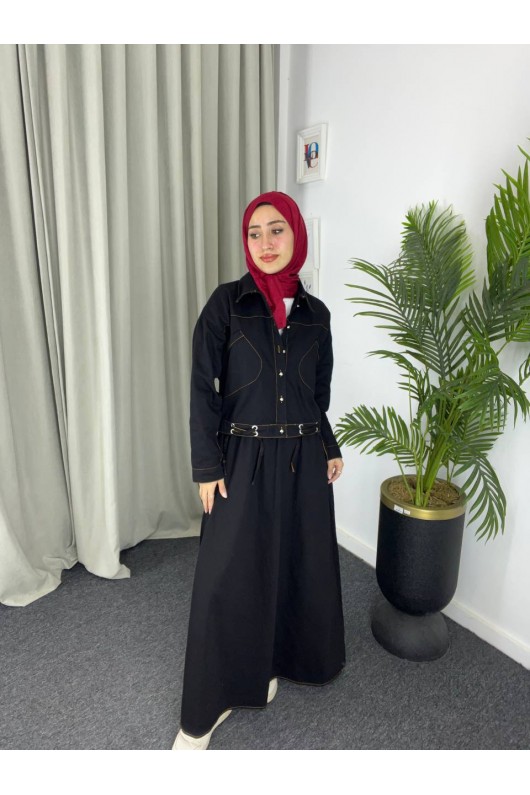 909 - Kot Kumaş Tesettür Takım Si̇yah A8