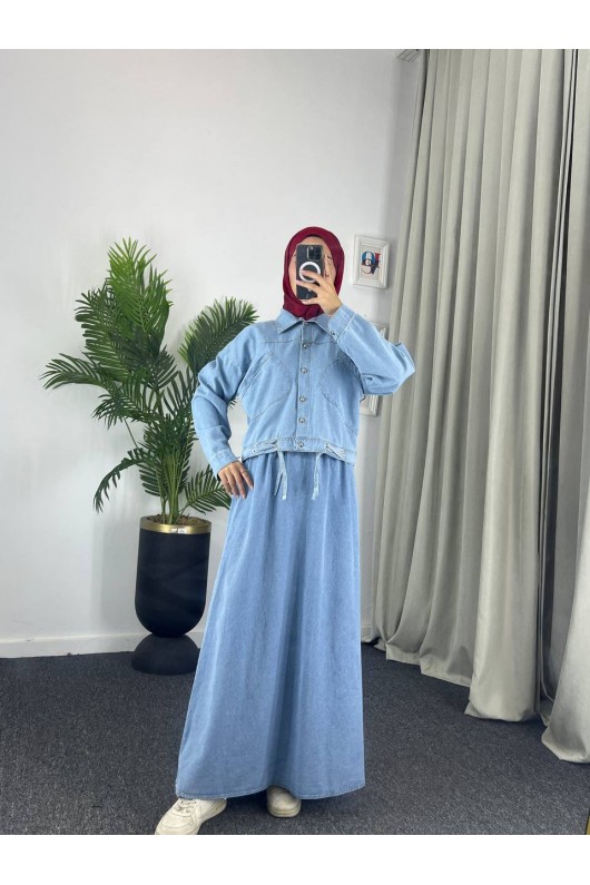 909 - Kot Kumaş Tesettür Takım Mavi̇ A8