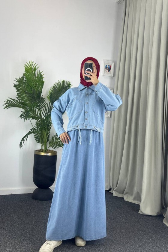 909 - Kot Kumaş Tesettür Takım Mavi̇ A8