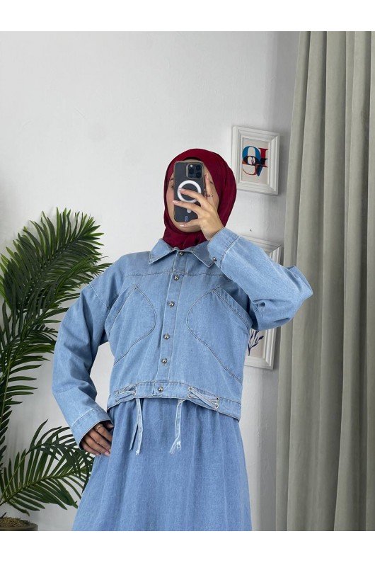 909 - Kot Kumaş Tesettür Takım Mavi̇ A8