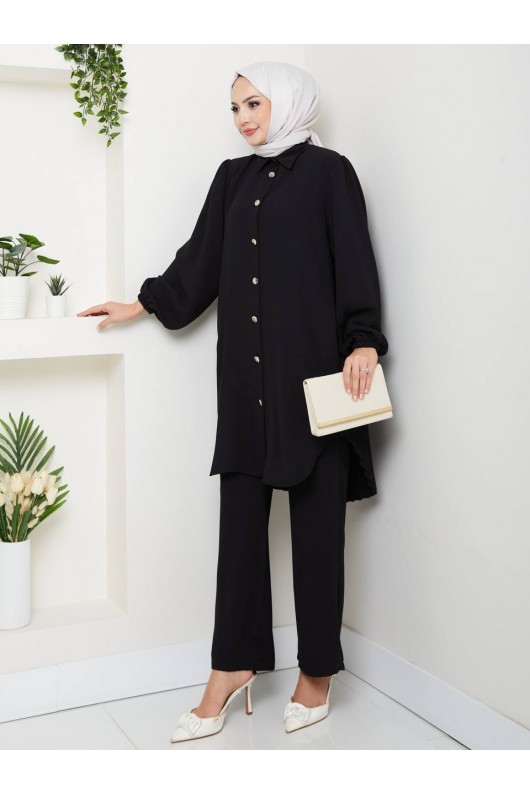 4543 - Plise Detaylı Tesettür İkili Takım Si̇yah