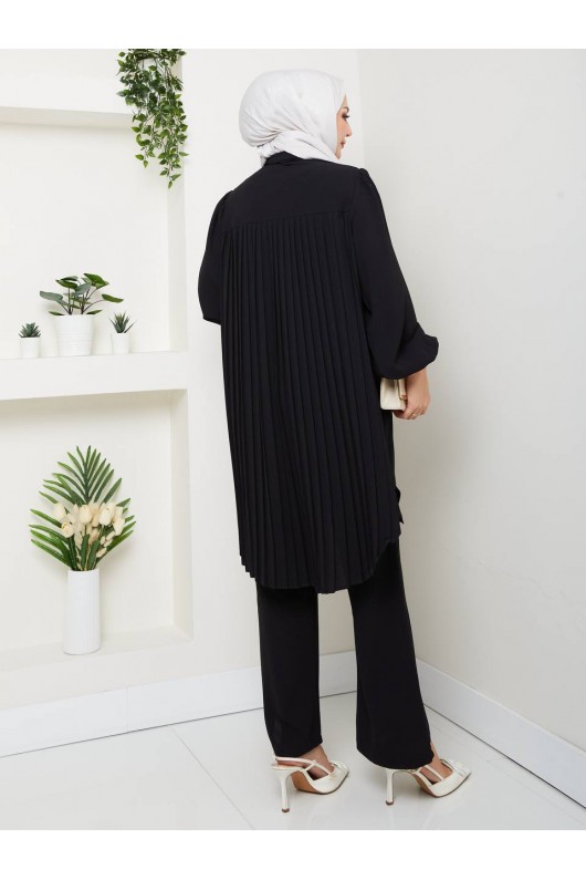 4543 - Plise Detaylı Tesettür İkili Takım Si̇yah