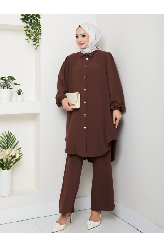 4543 - Plise Detaylı Tesettür İkili Takım Kahverengi̇ 4543 - Plise Detaylı Tesettür İkili Takım Kahverengi̇