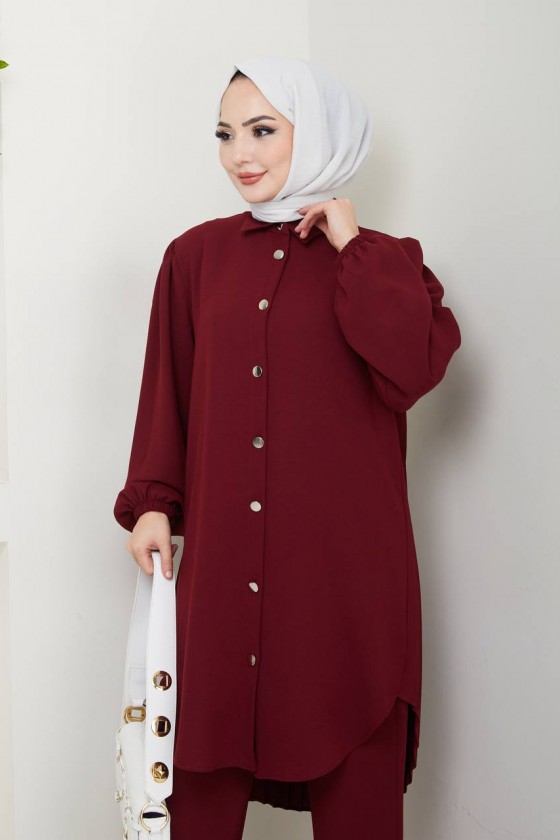 4543 - Plise Detaylı Tesettür İkili Takım Bordo 4543 - Plise Detaylı Tesettür İkili Takım Bordo