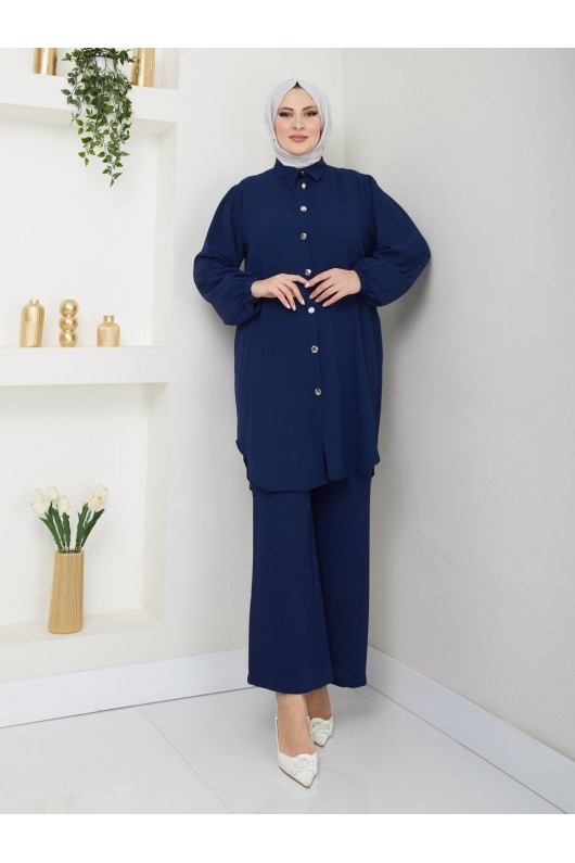 4543 - Plise Detaylı Tesettür İkili Takım Laci̇vert 4543 - Plise Detaylı Tesettür İkili Takım Laci̇vert
