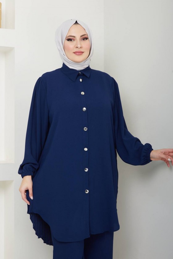 4543 - Plise Detaylı Tesettür İkili Takım Laci̇vert 4543 - Plise Detaylı Tesettür İkili Takım Laci̇vert