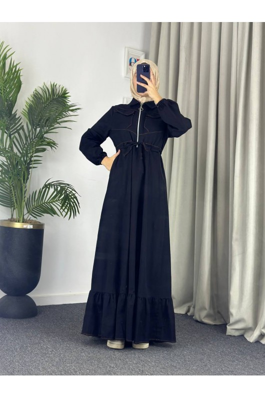 889 - Bel Büzgülü Kot Tesettür Elbise Si̇yah A4