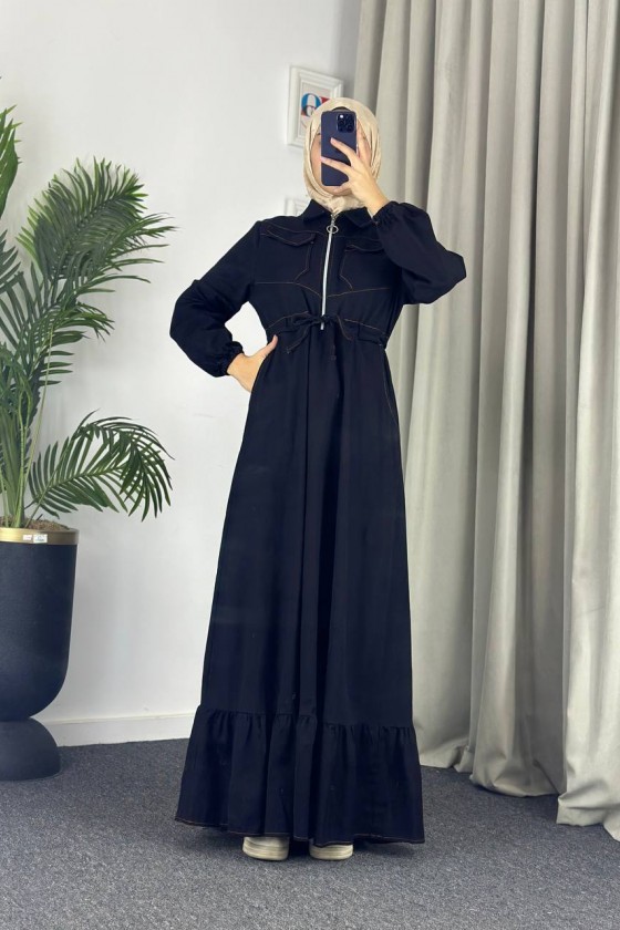 889 - Bel Büzgülü Kot Tesettür Elbise Si̇yah