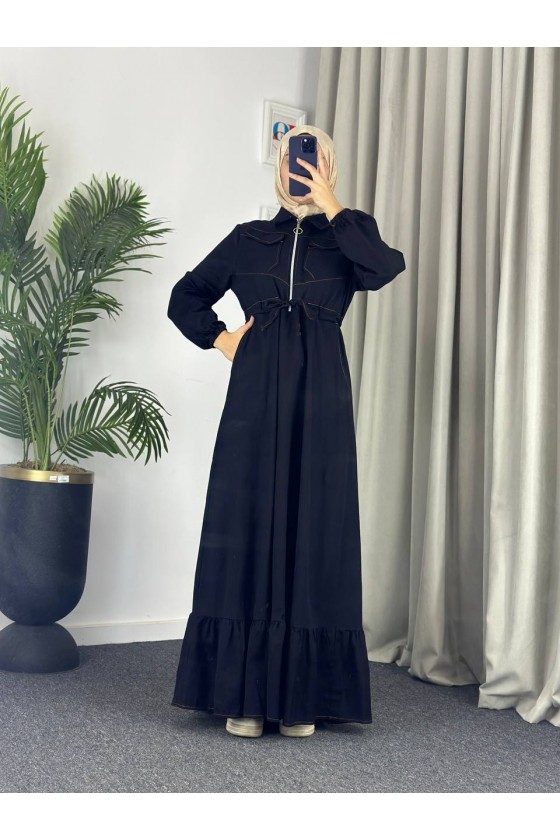 889 - Bel Büzgülü Kot Tesettür Elbise Si̇yah A5