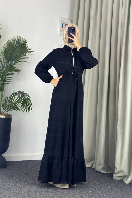 889 - Bel Büzgülü Kot Tesettür Elbise Si̇yah A5