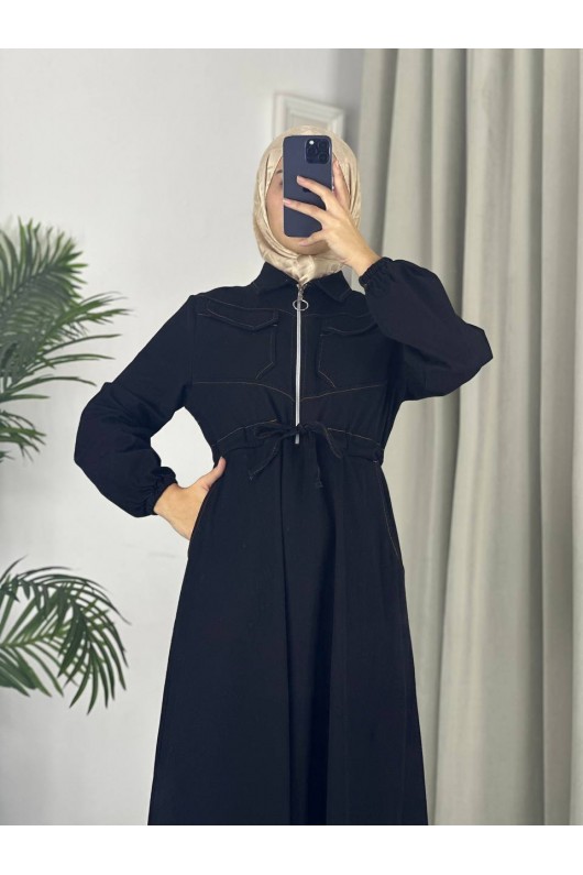 889 - Bel Büzgülü Kot Tesettür Elbise Si̇yah A4