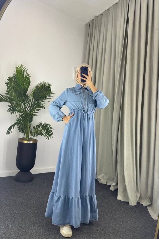 889 - Bel Büzgülü Kot Tesettür Elbise Mavi̇ A5