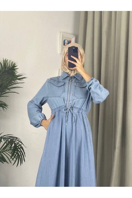 889 - Bel Büzgülü Kot Tesettür Elbise Mavi̇ A5