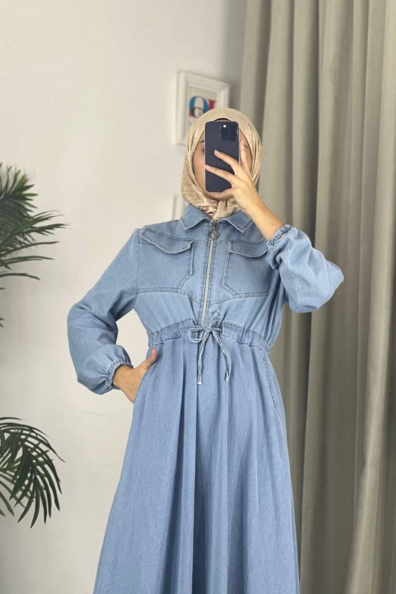 889 - Bel Büzgülü Kot Tesettür Elbise Mavi̇ A5