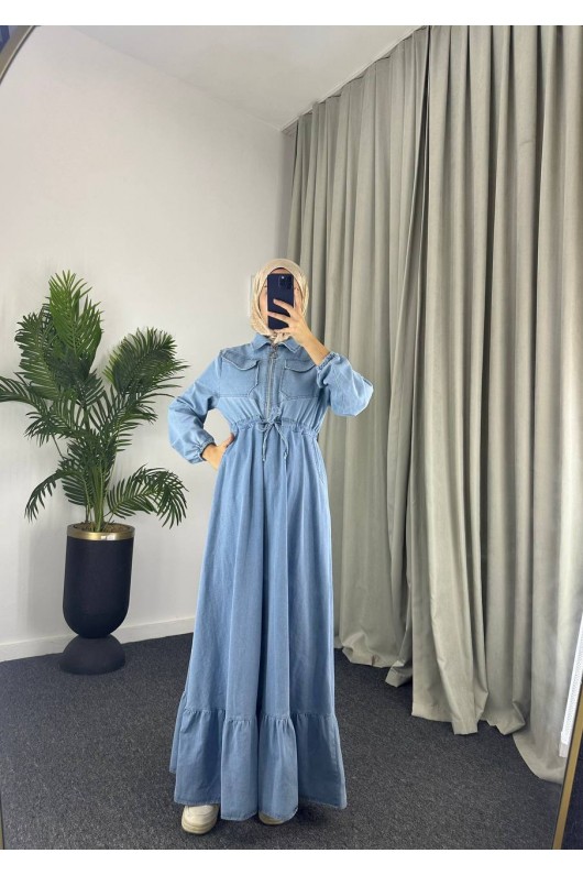 889 - Bel Büzgülü Kot Tesettür Elbise Mavi̇ A5