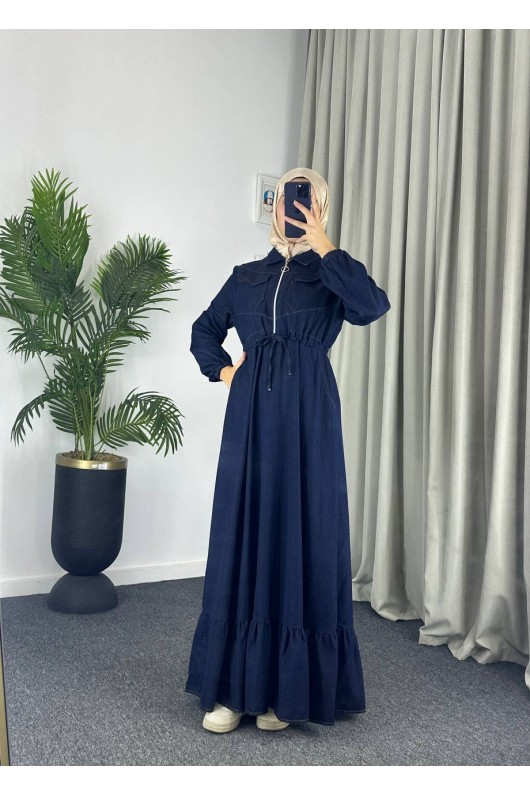 889 - Bel Büzgülü Kot Tesettür Elbise Laci̇vert A5