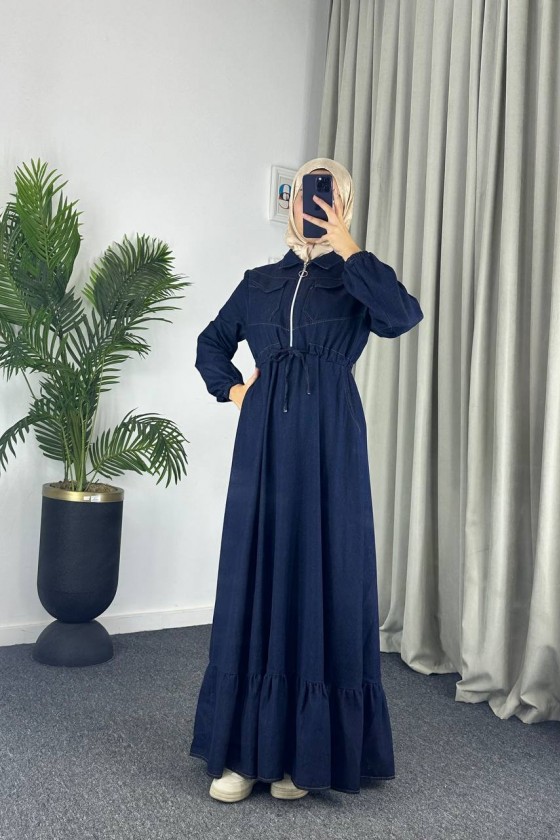 889 - Bel Büzgülü Kot Tesettür Elbise Laci̇vert A5